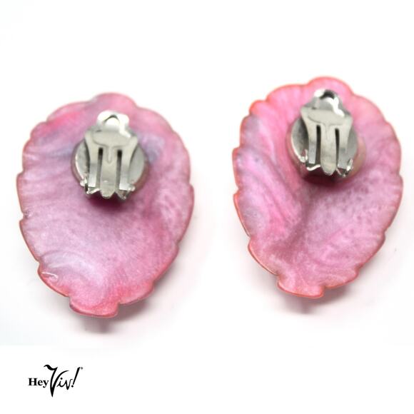 Vintage 80s Statement Earrings Shiny Pink Marbleized Plastic w Silver - Hey Viv - Picture 3 of 4